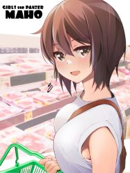 Rule 34 | 1girl, basket, between breasts, breasts, brown eyes, brown hair, character name, chuutaro metal, commentary request, copyright name, flying, girls und panzer, looking at viewer, medium breasts, nishizumi maho, shirt, short hair, sleeveless, sleeveless shirt, smile, solo, strap between breasts, supermarket, upper body