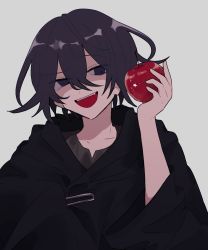 Rule 34 | 1boy, apple, black cloak, cloak, collarbone, commentary request, danganronpa (series), danganronpa v3: killing harmony, fang, food, fruit, grey background, hair between eyes, highres, holding, hood, inagoinaire, long sleeves, looking at viewer, male focus, open mouth, oma kokichi, purple eyes, red apple, simple background, smile, solo, upper body