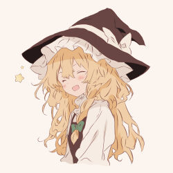 Rule 34 | 1girl, ^ ^, absurdres, black hat, black vest, blonde hair, blush, bow, braid, closed eyes, commentary request, cropped torso, facing viewer, green bow, hair between eyes, hair bow, happy, hat, highres, iris-san, kirisame marisa, long hair, open mouth, shirt, simple background, single braid, smile, solo, star (symbol), touhou, upper body, vest, wavy hair, white shirt, witch hat