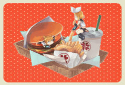Rule 34 | 1boy, 1girl, blonde hair, blue eyes, brother and sister, burger, food, french fries, in food, kagamine len, kagamine rin, kunieda (miniaturegarden), mini person, miniboy, minigirl, oversized object, siblings, twins, vocaloid