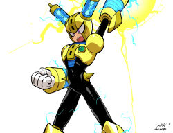 Rule 34 | 1boy, android, arm up, armor, black bodysuit, bodysuit, breastplate, charging (attack), charging energy, clenched hand, commentary request, covered navel, electricity, feet out of frame, fuse, fuse man, gloves, helmet, joints, male focus, mega man (classic), mega man (series), mega man 11, open mouth, purple eyes, robot, robot joints, shoulder armor, simple background, solo, solo focus, standing, teeth, upper teeth only, vambraces, wenyu, white background, white gloves, yellow armor, yellow headwear