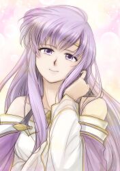 Rule 34 | 1girl, arm up, bare shoulders, circlet, dress, fire emblem, fire emblem: genealogy of the holy war, highres, julia (fire emblem), long hair, looking at viewer, nintendo, purple eyes, purple hair, simple background, smile, solo, wide sleeves, yuki cryp a