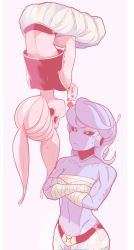 Rule 34 | 2girls, anger vein, animated, animated gif, antenna hair, bandages, bandaged arm, bandages, black sclera, blue eyes, blue hair, blue skin, breasts, candy, cleavage, collarbone, colored sclera, colored skin, crossed arms, dragon ball, dragon ball xenoverse, female majin, food, groin, highres, lollipop, majin (race), medium breasts, midriff, multiple girls, navel, pink eyes, pink hair, pink skin, sally (luna-arts), sarashi, smile, sweatdrop, toned, upside-down