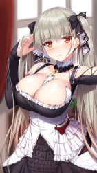 Rule 34 | 1girl, azur lane, between breasts, blurry, blurry background, blush, breasts, cleavage, collarbone, commentary request, cowboy shot, curtains, detached collar, expressionless, formidable (azur lane), frills, grey hair, hair ribbon, hand in own hair, highres, kageira, large breasts, long hair, long sleeves, looking at viewer, red eyes, ribbon, solo, twintails, two-tone dress, two-tone ribbon, very long hair, white frills, window