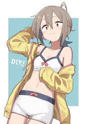 Rule 34 | 1girl, absurdres, ahoge, arm up, bra, breasts, brown eyes, brown hair, do it yourself!!, gazacy (dai), hand on own stomach, highres, jacket, off shoulder, ponytail, short hair, short shorts, shorts, small breasts, smile, solo, thigh gap, underwear, white bra, white shorts, yellow jacket, yua serufu