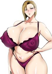 Rule 34 | 1girl, akikusa peperon, blonde hair, bra, breasts, cleavage, covered erect nipples, curvy, green eyes, hand on own hip, highres, huge breasts, lingerie, looking at viewer, mature female, navel, original, panties, parted lips, short hair, simple background, solo, standing, thick thighs, thighs, underwear, white background