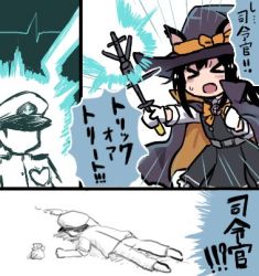 Rule 34 | &gt; &lt;, 1boy, 1girl, :o, admiral (kancolle), anchor symbol, animal ears, asashio (kancolle), black hair, blush, cape, cardiogram, cat ears, comic, commentary request, dress, faceless, faceless male, gloves, hat, kantai collection, long sleeves, lowres, lying, on stomach, peaked cap, pinafore dress, sleeveless, sleeveless dress, terrajin, translation request, trick or treat, wand, white gloves, witch hat
