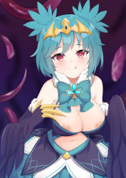 Rule 34 | 1girl, absurdres, alternate breast size, artist request, bare shoulders, black feathers, black wings, blue bow, blue hair, blush, bow, breasts, claws, clothing cutout, commentary, english commentary, feathers, harpy, highres, indie virtual youtuber, licking lips, lincoro, medium breasts, monster girl, navel, navel cutout, nipple slip, nipples, red eyes, second-party source, short hair, short twintails, solo, tentacles, tiara, tongue, tongue out, twintails, virtual youtuber, winged arms, wings