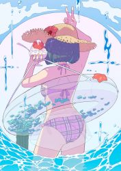 Rule 34 | 1girl, arm up, ass, bikini, blue hair, brown hat, commentary request, cross, cup, cupping glass, facing away, flower, food, from behind, hands up, hat, hat flower, hibiscus, highres, holding, holding swim ring, innertube, multicolored hair, norikoi, original, petals, pink bikini, plaid, plaid bikini, purple hair, red flower, sarong, see-through, see-through sarong, shaved ice, short hair, signature, solo, spoon, standing, straw hat, streaked hair, sun hat, swim ring, swimsuit, v, water