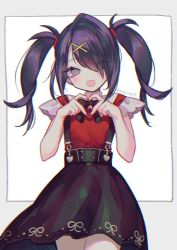 Rule 34 | 1girl, ame-chan (needy girl overdose), black bow, black hair, black nails, blush, bow, dress, eyelashes, facing viewer, grey eyes, happy, head tilt, heart, heart hands, looking at viewer, moji0105, nail polish, needy girl overdose, one eye covered, open mouth, pale skin, side ponytail, simple background, skirt, smile, solo, standing, suspender skirt, suspenders, thighs, twintails, white background