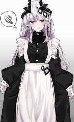 Rule 34 | 1girl, absurdres, alternate costume, apron, arknights, black dress, black horns, blush, closed mouth, commentary request, dress, drop earrings, earrings, feet out of frame, hair between eyes, highres, horns, jewelry, long hair, long sleeves, looking at viewer, maid, mudrock (arknights), pointy ears, red eyes, simple background, skirt hold, solo, standing, straight-on, thought bubble, touko (toko12 tooko), upper body, white apron, white background, white hair