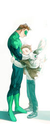Rule 34 | 2boys, aged down, bodysuit, boots, brown hair, coat, dc comics, closed eyes, gloves, green lantern, green lantern (series), green lantern corps, hal jordan, highres, hug, jewelry, mambukk, mask, multiple boys, ring, time paradox, white background