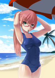 Rule 34 | 1girl, adjusting hair, beach, beach umbrella, breasts, cloud, day, erusen (des-arms), glasses, green eyes, highres, horizon, looking at viewer, medium breasts, mouth hold, ocean, one-piece swimsuit, original, outdoors, pink hair, ponytail, school swimsuit, sky, solo, swimsuit, umbrella
