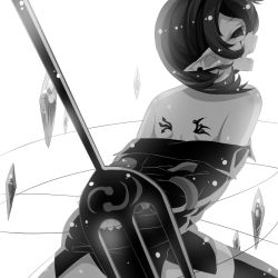 Rule 34 | arms behind back, bad id, bad pixiv id, black dress, black hair, blood, bound, bound arms, diamond (gemstone), dress, endwhite, greyscale, houjuu nue, legs apart, monochrome, off shoulder, pointy ears, polearm, short dress, short hair, simple background, solo, thighhighs, tied up, touhou, trident, weapon, white background, wings, zettai ryouiki