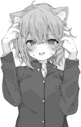 Rule 34 | 1girl, :d, animal ear fluff, animal ears, cat ears, cat girl, fang, hand in own hair, hololive, jacket, long sleeves, looking at viewer, monochrome, mushoku loli, nekomata okayu, nervous smile, open mouth, short hair, smile, sweat, virtual youtuber