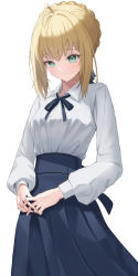 Rule 34 | 1girl, absurdres, ahoge, artoria pendragon (all), artoria pendragon (fate), black ribbon, blonde hair, blouse, blue ribbon, blue skirt, braid, braided bun, closed mouth, collared shirt, dress shirt, fate/stay night, fate (series), green eyes, hair between eyes, hair bun, hair ribbon, high-waist skirt, highres, long skirt, long sleeves, looking down, neck ribbon, pleated skirt, ribbon, saber (fate), shirt, short hair with long locks, simple background, skirt, smile, solo, standing, ttusee5, white background, white shirt, wing collar