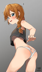 Rule 34 | !, absurdres, ass, ass cutout, baba konomi, bare arms, bare legs, black shirt, blue eyes, blush, braid, breasts, brown hair, butt crack, clothing cutout, contrapposto, crop top, crop top overhang, embarrassed, feet out of frame, from behind, from below, gradient background, hair between eyes, hair over shoulder, heart cutout, highres, idolmaster, idolmaster million live!, leaning forward, legs apart, long hair, looking at viewer, looking back, looking down, medium breasts, midriff, myeolchi, no bra, no pants, open mouth, panties, shirt, single braid, sleeveless, sleeveless shirt, standing, sweatdrop, twisted torso, underboob, underwear, v-shaped eyebrows, white panties