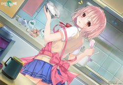 Rule 34 | apron, blue skirt, blush, bowl, cooking, date a live, date a live: spirit pledge, egg, kitchen, looking at viewer, looking back, open mouth, pink apron, pink hair, pot, red eyes, shirt, short hair, skirt, sonogami rinne, stove, white shirt