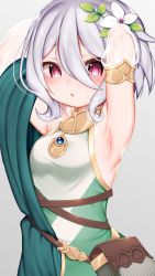Rule 34 | 1girl, armpits, arms up, bag, bare shoulders, blush, breasts, detached sleeves, dress, flower, grey background, hair between eyes, hair flower, hair ornament, handbag, highres, kokkoro (princess connect!), looking at viewer, mofuaki, parted lips, pointy ears, princess connect!, short hair, silver hair, simple background, sleeveless, sleeveless dress, small breasts, solo, upper body, white flower