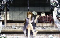 Rule 34 | 10s, 1girl, ;), ashigara (kancolle), bare legs, barefoot, window blinds, bottle, breasts, brown eyes, brown hair, building, cleavage, crossed legs, flower, food, fruit, grin, hair between eyes, hairband, hand fan, head rest, head tilt, japanese clothes, kantai collection, kimono, lantern, large breasts, long hair, looking at viewer, lotus, mosquito coil, one eye closed, outdoors, paper fan, railing, ramune, sitting, smile, smoke, soaking feet, soles, solo, to6 l, toes, tray, uchiwa, veranda, water, watermelon, wind chime, yukata