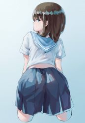 Rule 34 | 1girl, aqua background, ass, bad id, bad pixiv id, bent over, blue background, blue hair, blue skirt, brown hair, chinese commentary, commentary request, cropped legs, from behind, gradient background, hair over shoulder, highres, long hair, looking back, midriff peek, original, pleated skirt, sailor collar, school uniform, shirt, short sleeves, simple background, skirt, solo, thighs, uniform, white shirt, zifu z