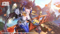 Rule 34 | 1girl, ahoge, bare shoulders, black hair, blue eyes, blue thighhighs, blurry, blurry background, breasts, bridge, china dress, chinese clothes, chopsticks, cleavage, cleavage cutout, clothing cutout, copyright notice, day, depth of field, detached sleeves, dress, earrings, food, gloves, hair ornament, highres, holding, holding chopsticks, jewelry, large breasts, leaf, long hair, long sleeves, looking at viewer, maple leaf, official art, open mouth, outdoors, pelvic curtain, plate, shoes, shoichi (ekakijin), shoulder tattoo, sitting, sleeveless, sleeveless dress, smile, solo, tassel, tassel hair ornament, tattoo, thighhighs, thighs, tower of fantasy, twintails, very long hair, white dress, white gloves, yu lan (tower of fantasy)