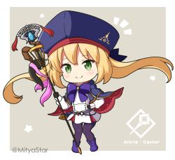 Rule 34 | 1girl, artoria caster (fate), artoria caster (second ascension) (fate), artoria pendragon (fate), black gloves, black pantyhose, blonde hair, blouse, blue cape, blue hat, blush, boots, cape, chibi, closed mouth, commentary request, fate/grand order, fate (series), full body, gloves, green eyes, grey background, hat, holding, holding staff, long hair, long sleeves, mitya, multicolored cape, multicolored clothes, pantyhose, pleated skirt, puffy long sleeves, puffy sleeves, purple footwear, red cape, shirt, skirt, smile, solo, staff, standing, star (symbol), twintails, twitter username, two-tone background, very long hair, white background, white shirt, white skirt