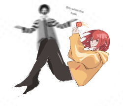 Rule 34 | 1girl, absurdres, black pantyhose, blurry, blurry background, brown eyes, closed mouth, clown, english text, falling, food, french fries, highres, hood, hooded jacket, jacket, looking at viewer, mcdonald&#039;s, medium hair, original, pantyhose, potatomochii, red hair, ronald mcdonald, solo, white background, yellow jacket