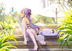 Rule 34 | 1girl, animal, azur lane, backlighting, bare shoulders, black bow, black ribbon, blurry, blush, bow, bug, butterfly, clothing cutout, commentary, day, depth of field, dress, dress bow, elbow gloves, gloves, hair bun, hair ribbon, hand up, insect, long hair, looking away, no shoes, ocarino, one side up, open mouth, outdoors, parasol, profile, purple eyes, purple hair, ribbon, side bun, side cutout, single hair bun, single side bun, sitting, sitting on stairs, solo, stairs, stuffed animal, stuffed pegasus, stuffed toy, stuffed unicorn, stuffed winged unicorn, sunlight, thighhighs, umbrella, unicorn (azur lane), very long hair, white dress, white gloves, white thighhighs