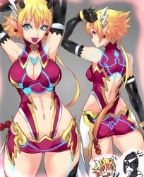 Rule 34 | 1girl, arm strap, armor, ass, azami (xenoblade), blonde hair, blue eyes, blush, breasts, cleavage, gloves, highres, kora (xenoblade), large breasts, looking at viewer, navel, negresco, nintendo, open mouth, pointy ears, short hair, simple background, smile, solo, thighhighs, xenoblade chronicles (series), xenoblade chronicles 2, xenoblade chronicles (series), xenoblade chronicles 2