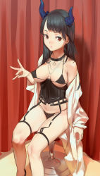 Rule 34 | 1girl, :o, bad id, bad pixiv id, bare shoulders, black bra, black collar, black hair, black panties, blunt bangs, bra, breasts, chair, coat, collar, covered erect nipples, covered horns, curtains, garter straps, heiyz, horns, jewelry, lab coat, lingerie, long hair, looking at viewer, medium breasts, necklace, off shoulder, open clothes, open coat, panties, red eyes, sitting, solo, strap gap, underwear, white coat