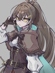 Rule 34 | 1girl, absurdres, ahoge, belt, brown capelet, brown cloak, brown corset, brown hair, cape, capelet, cloak, corset, dagger, feather hair ornament, feathers, gloves, grey background, hair ornament, hairclip, hand on own face, hand up, hieroglyphics, highres, hololive, hololive english, knife, long hair, looking at viewer, mentally deficient, multicolored hair, nanashi mumei, partially fingerless gloves, ponytail, red skirt, ribbon, skirt, solo, streaked hair, very long hair, virtual youtuber, weapon, yellow eyes