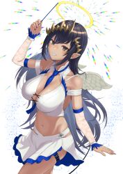 Rule 34 | 1girl, absurdres, arm up, between breasts, black hair, blue necktie, blush, breasts, brown eyes, cleavage, commentary request, cowboy shot, crop top, detached sleeves, diffraction spikes, fake wings, grin, halo, highres, holding, holding wand, large breasts, long hair, looking at viewer, medium bangs, midriff, miniskirt, nanashi inc., navel, necktie, necktie between breasts, pointy ears, rainbow, sankyo (821-scoville), see-through, see-through sleeves, shimamura charlotte, shirt, skirt, skirt set, sleeveless, sleeveless shirt, smile, solo, tan, very long hair, virtual youtuber, wand, white shirt, white skirt, white wings, wings, yellow halo