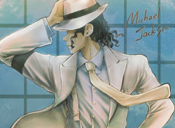 Rule 34 | 1boy, animification, armband, black hair, buttons, fedora, formal, hand on headwear, hat, male focus, michael jackson, mm-mb, necktie, no eyes, real life, serious, smooth criminal, solo, suit, suspenders, wing collar