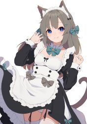 Rule 34 | 1girl, absurdres, animal ear fluff, animal ears, apron, black dress, blue bow, blue eyes, blue nails, bow, breasts, cat ears, cat girl, cat tail, closed mouth, commentary request, dress, fang, fang out, frilled apron, frilled dress, frills, garter straps, grey hair, hair bow, hair ornament, hairclip, hands up, highres, hinata (user rjkt4745), juliet sleeves, long sleeves, looking at viewer, medium breasts, nail polish, original, panties, puffy sleeves, simple background, smile, solo, tail, thighhighs, underwear, white apron, white background, white panties, white thighhighs