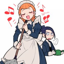 Rule 34 | 1boy, 1girl, annette fantine dominic, artist name, black hair, butler, do m kaeru, closed eyes, felix hugo fraldarius, fire emblem, fire emblem: three houses, holding, holding mop, holding watering can, long sleeves, maid, maid headdress, mop, music, musical note, nintendo, open mouth, orange hair, simple background, singing, twintails, watering can, white background