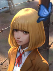Rule 34 | 10s, 1girl, blonde hair, blurry, brown eyes, bug, butterfly, depth of field, fence, from above, gohpot, highres, insect, jacket, midorikawa hana, neck ribbon, prison school, realistic, ribbon, school uniform, signature, solo, sunlight, upper body, watermark, web address