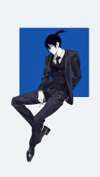 Rule 34 | 1boy, black footwear, black hair, black jacket, black necktie, black pants, black plume, black vest, chainsaw man, cigarette, collared shirt, earrings, formal, greyscale with colored background, hayakawa aki, highres, holding, holding cigarette, invisible chair, jacket, jewelry, looking at viewer, looking to the side, necktie, pants, shirt, shirt tucked in, short hair, simple background, sitting, solo, stud earrings, suit, suit jacket, topknot, vest, white background, white shirt