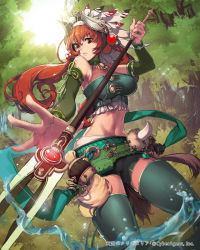 Rule 34 | 1girl, breasts, copyright name, large breasts, long hair, midriff, navel, newey, polearm, red eyes, red hair, solo, spear, tenkuu no crystalia, tree, water, weapon