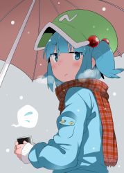 Rule 34 | 1girl, bad id, bad pixiv id, blue eyes, blue hair, blush, collagen, cup, hair bobbles, hair ornament, hat, highres, kawashiro nitori, looking at viewer, matching hair/eyes, plaid, plaid scarf, scarf, short hair, short twintails, snowing, solo, touhou, twintails, two side up, umbrella, upper body