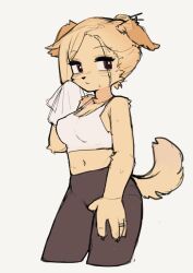 Rule 34 | 1girl, absurdres, black pants, breasts, brown eyes, cleavage, crayon (crayon1006), crop top, female focus, furry, furry female, hair bun, highres, jewelry, looking at viewer, medium breasts, midriff, navel, original, pants, ring, shirt, simple background, solo, standing, sweat, towel, white shirt, wiping face, wiping sweat