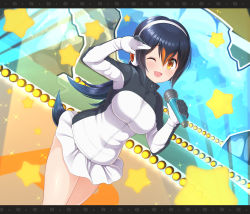 Rule 34 | 1girl, ;d, black hair, black jacket, commentary, dutch angle, gentoo penguin (kemono friends), headphones, highres, holding, holding microphone, jacket, kemono friends, letterboxed, long hair, long sleeves, looking at viewer, microphone, microskirt, multicolored hair, one eye closed, open mouth, orange eyes, orange hair, salute, skirt, smile, solo, sparkle, spotlight, standing, star (symbol), watayoshi (suiiho), white skirt