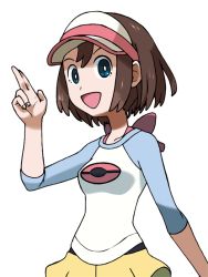 Rule 34 | 1girl, alternate hair length, alternate hairstyle, blue eyes, bob cut, breasts, brown hair, creatures (company), female focus, game freak, hand up, happy, hat, looking at viewer, medium breasts, multicolored shirt, nintendo, open mouth, pink hat, poke ball theme, pokemon, pokemon bw2, rosa (pokemon), shirt, short hair, short shorts, shorts, simple background, smile, solo, standing, tellzeta, upper body, visor cap, white background, yellow shorts