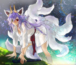 Rule 34 | &gt;:(, 1girl, all fours, animal ears, artist request, bathrobe, blue eyes, breasts, cleavage, closed mouth, fox ears, fox tail, frown, hair over one eye, heterochromia, horns, kitsune, kuon (shinrabanshou), kyuubi, large breasts, long hair, looking at viewer, multiple tails, partially submerged, red eyes, sash, shinrabanshou, solo, tail, v-shaped eyebrows, wading, yellow eyes