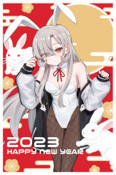 Rule 34 | 1girl, 2023, absurdres, akazaki yukino, animal ears, black jacket, blush, border, breasts, brown pantyhose, detached collar, english text, fake animal ears, feet out of frame, fishnet pantyhose, fishnets, grey hair, hair between eyes, hair over one eye, happy new year, highres, jacket, leotard, long hair, long sleeves, multicolored clothes, multicolored jacket, neck ribbon, nengajou, new year, open clothes, open jacket, original, pantyhose, parted bangs, playboy bunny, rabbit, rabbit ears, red eyes, red ribbon, ribbon, small breasts, standing, strapless, strapless leotard, two-tone jacket, white border, white jacket, white leotard