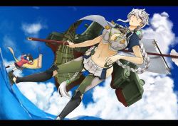 Rule 34 | 10s, 2girls, afloat, black skirt, braid, breasts, brown hair, cleavage cutout, clothing cutout, cloud, cloud print, cloudy sky, crop top, day, dutch angle, flight deck, from below, hair ornament, japanese clothes, jitome, kantai collection, kariginu, large breasts, long hair, looking at viewer, machinery, magatama, midriff, miniskirt, multiple girls, navel, nokogiriotoko, open mouth, ryuujou (kancolle), short sleeves, single braid, skirt, sky, staff, thighhighs, twintails, unryuu (kancolle), very long hair, visor cap, yellow eyes, zettai ryouiki