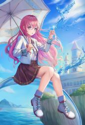 Rule 34 | 1girl, :o, bird, castle, cloud, cross-laced footwear, day, floating hair, hair between eyes, highres, holding, holding umbrella, jacket, kama (kama ovo), long hair, long sleeves, looking at viewer, magic, neck ribbon, original, outdoors, pink hair, pleated skirt, red ribbon, red skirt, ribbon, shirt, shirt tucked in, shoes, sitting, skirt, sky, solo, umbrella, water, white footwear, white jacket, white shirt