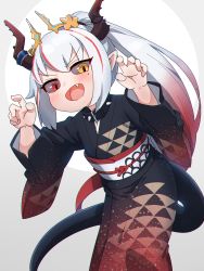 Rule 34 | 1girl, :d, absurdres, black collar, black kimono, blush, brown eyes, claw pose, collar, commentary request, commission, dragon girl, dragon horns, dragon tail, fang, gradient hair, grey background, hands up, heterochromia, highres, horns, japanese clothes, kimono, kuro kosyou, leaning forward, long sleeves, looking at viewer, mole, mole under eye, multicolored hair, obi, open mouth, original, pixiv commission, pointy ears, ponytail, red eyes, red hair, sash, silver hair, smile, solo, spiked collar, spikes, standing, streaked hair, tail, two-tone background, v-shaped eyebrows, white background, wide sleeves