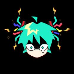 Rule 34 | 1girl, ahoge, aqua eyes, aqua hair, black background, cable, chromatic aberration, commentary, cryptidhermit, detached ahoge, disembodied head, electricity, english commentary, hatsune miku, lightning, no mouth, pale skin, shaded face, short hair, single tear, solo, vocaloid