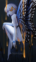 Rule 34 | 1girl, animal, bare shoulders, blue eyes, boots, bug, butterfly, butterfly wings, closed mouth, commentary request, detached sleeves, dress, english text, highres, honey, insect, insect wings, ji dao ji, long sleeves, looking at viewer, looking back, one eye covered, original, short hair, silver hair, sleeves past wrists, solo, strapless, strapless dress, thigh boots, thighhighs, white dress, white footwear, white thighhighs, wings